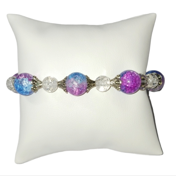 Hand Crafted Jewelry - Crackle Glass Beaded Stretch Bracelet with Bali Beads Y2K